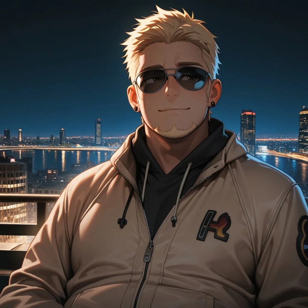 masterpiece, best quality, amazing quality, absurdres, newest, detailed background, definition so sharp, Ultra-HD, 8K cinematic, very awa, impressionate, amazing quality, highres,
solo, male focus, manly,
1boy, short hair, goatee, chubby, rikio_blonde, rikio_brown eyes, rikiokamamoto, sunglasses \(on face\), earrings, sideburns, stylish jacket, urban background, city lights, night, cool colors, confident, suave, upbeat, chill vibe, leaning, relaxed pose, slight smile,
