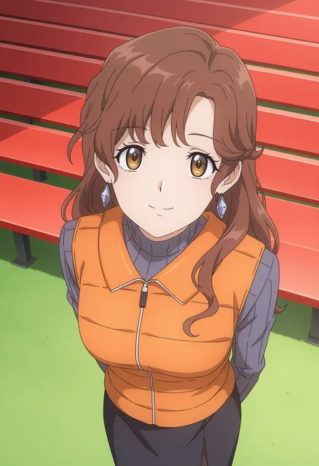<lora:Takamine Hitomi_v1-000020:1>,
Takamine Hitomi,ribbed sweater,1girl,solo,earrings,brown hair,long hair,orange vest,closed mouth,yellow eyes,turtleneck,turtleneck sweater,cowboy_shot,black skirt,bleachers,smile,from_above,looking up,looking at viewer