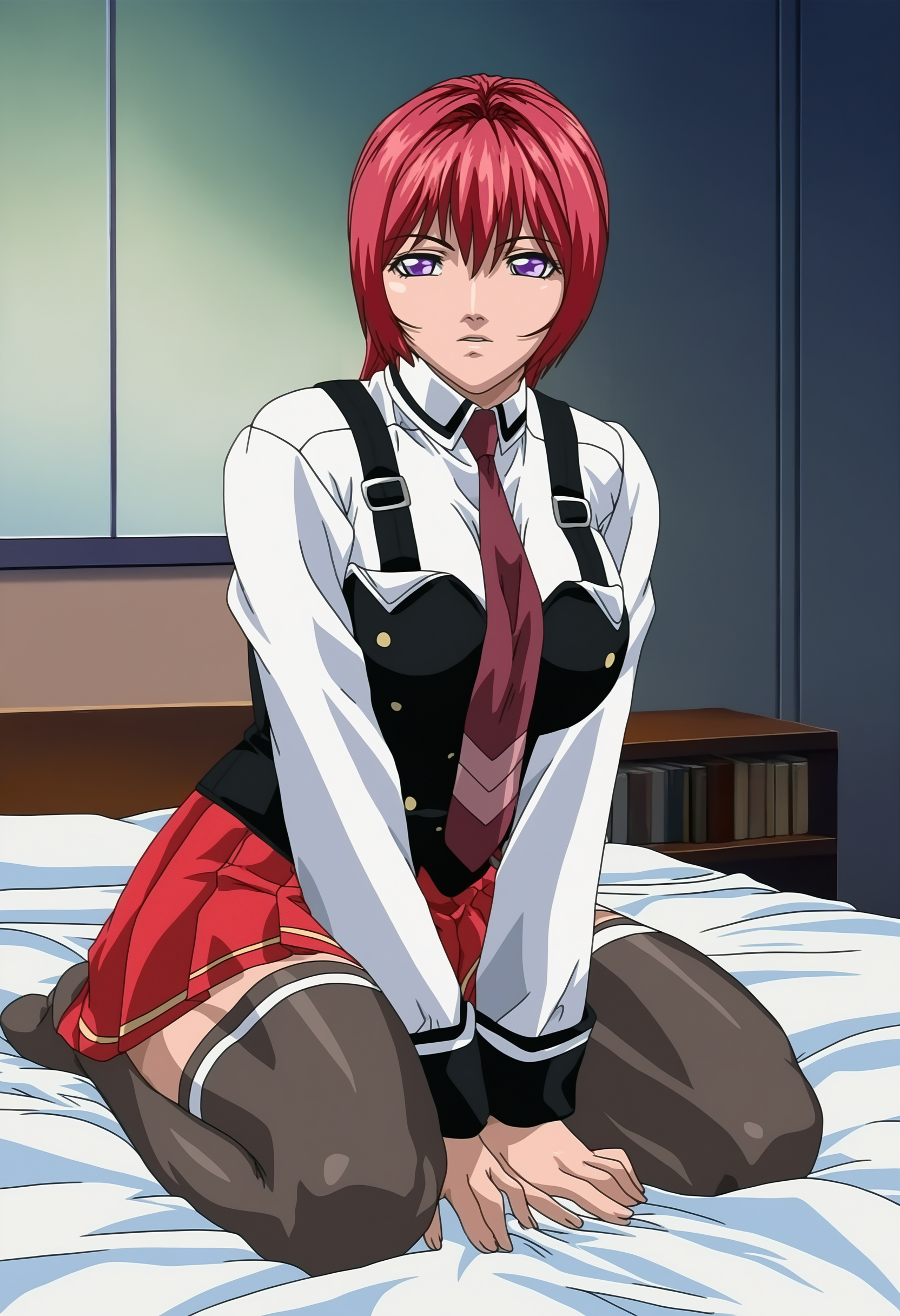 masterpiece, good quality, best quality, highres, very awa, bloom, shadow,
TakashiroGaiden, 1girl, full body, three quarter view, 
sitting, wariza, leaning forward, hands on bed, spread legs, arm support, v arms,
looking ahead, parted lips,
red hair, long hair, purple eyes,
school uniform, collared shirt, white shirt, vest, suspenders, pleated skirt, miniskirt, black thighhighs, red necktie, no shoes,
curvy, thighs, large breasts,
indoors, bedroom, on bed, interior, bookshelf, window, day,
<lora:TakashirGaiden 3216 NoobAIXL V-pred:1>