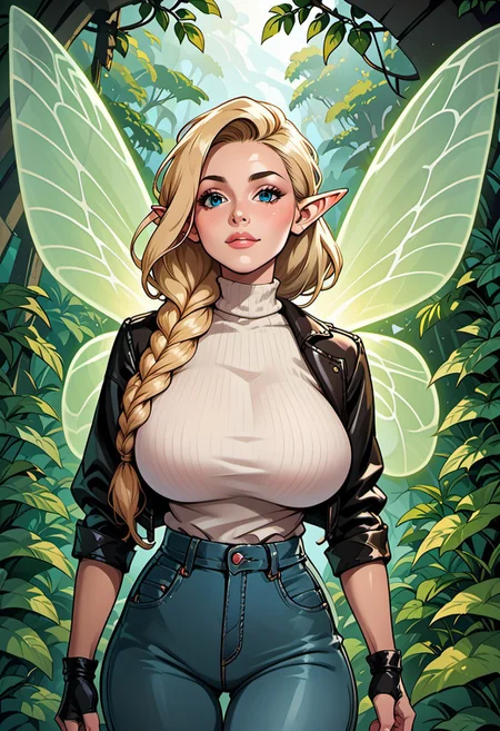 score_9, score_8_up, score_7_up, score_6_up, score_5_up, score_4_up, beautiful fairy woman, mature, long blonde braided hair, reij-hrstyl01 hairstyle, elf ears, detailed blue eyes, bright blue eyes, soft round jaw, magical aura, (delicate glowing wings with green patterns:1.4), (fairy wings:1.3), huge breasts, black jeans, white turtleneck, black leather jacket, fingerless gloves, leather gloves, jungle scene, ancient temple ruins