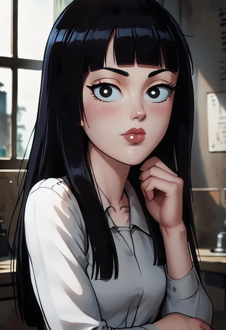 (ultra HD quality details), Detailed illustration, score_9, score_8_up, score_7_up, score_6_up, PRSNL, w_g_f, uncensored , pupils black dots, 1girl, lips,
future mai, long hair, black hair, bangs, black eyes,
Warm light, indoors,
((Upper body)),