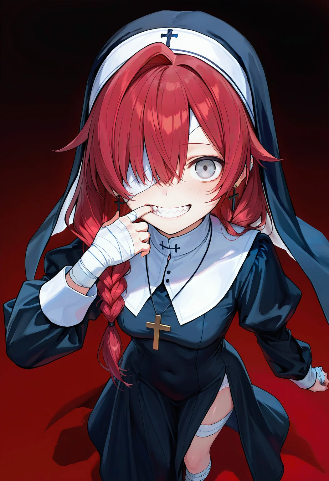 general, masterpiece, best quality, amazing quality,<lora:hyasai_v2:0.8> hyasai, dark background, dark background, red background, gradient background,
BREAK 1girl, long hair, red hair, grey eyes, crazy eyes, single hair intake, single braid, hair over shoulder, bandage over one eye, bandaged arm, bandaged neck, bandaged hand, bandaged leg, nun, bridal veil, long dress, black dress, puffy long sleeves, grin, sharp teeth, mouth pull, hand up, cross earrings, cross necklace, looking at viewer, from above