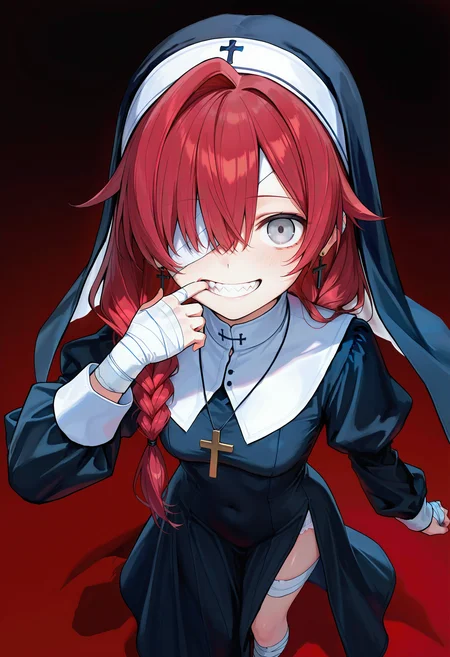 general, masterpiece, best quality, amazing quality,<lora:hyasai_v2:0.8> hyasai, dark background, dark background, red background, gradient background,
BREAK 1girl, long hair, red hair, grey eyes, crazy eyes, single hair intake, single braid, hair over shoulder, bandage over one eye, bandaged arm, bandaged neck, bandaged hand, bandaged leg, nun, bridal veil, long dress, black dress, puffy long sleeves, grin, sharp teeth, mouth pull, hand up, cross earrings, cross necklace, looking at viewer, from above