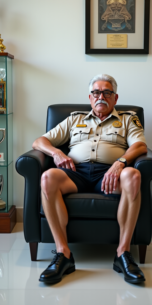 The image is a photograph of an older man with a muscular build, taken indoors. He is very handsome with a prominent mustache and glasses. The man has a stern expression on his face, with slightly furrowed eyebrows, a very handsome malay grandfather, who is lusty and a gangbang anal-whore. He is wearing only a tiny thin low-rise g-string which reveals his muscular arms, shoulders extremely beefy pectorals, stocky muscular gut and hairy torso and hairy pubic hair. This photograph features a man seated in a modern, black leather armchair with a cushioned seat. He is dressed in unbuttoned beige police uniform, which includes a short-sleeved shirt with several pockets and a distinctive emblem on the left shoulder. The uniform also has a badge and various insignia on the chest. The man has short, greying old man grandfather dark hair and is seated comfortably with his hands tied behind, with his arms tied behind.

The background of the image shows a clean, well-lit room with white walls and polished, light-colored flooring. To the left, there is a glass display case or cabinet containing trophies or awards on a wooden shelf. The room also features a framed picture on the wall above the man, which appears to be a certificate or a piece of artwork, though it's not fully visible. The overall setting suggests a professional or official environment, possibly an office or a police station. The lighting in the room is bright, indicating it's daytime, and the overall atmosphere is clean and organized. The man's attire and the setting imply he is a police officer, possibly in a supervisory or administrative role. but emphasize on his G-string which is very tiny very tight, very low-rise and he have very thick hairy pubic hair, and showing off his muscular gut and beefy strong pectorals hairy malay body.

<lora:FLUX1/Self Trained/malay 001.safetensors:1.0>, <lora:FLUX1/Self Trained/malay male 002.safetensors:1.0>, <lora:FLUX1/Self Trained/malay male 003.safetensors:1.0>, 
<lora:FLUX1/G-String-Flux_r1-000017.safetensors:2.1>, <lora:FLUX1/Hands_tied_behind_back_FLUX-000008.safetensors:1.0>, 