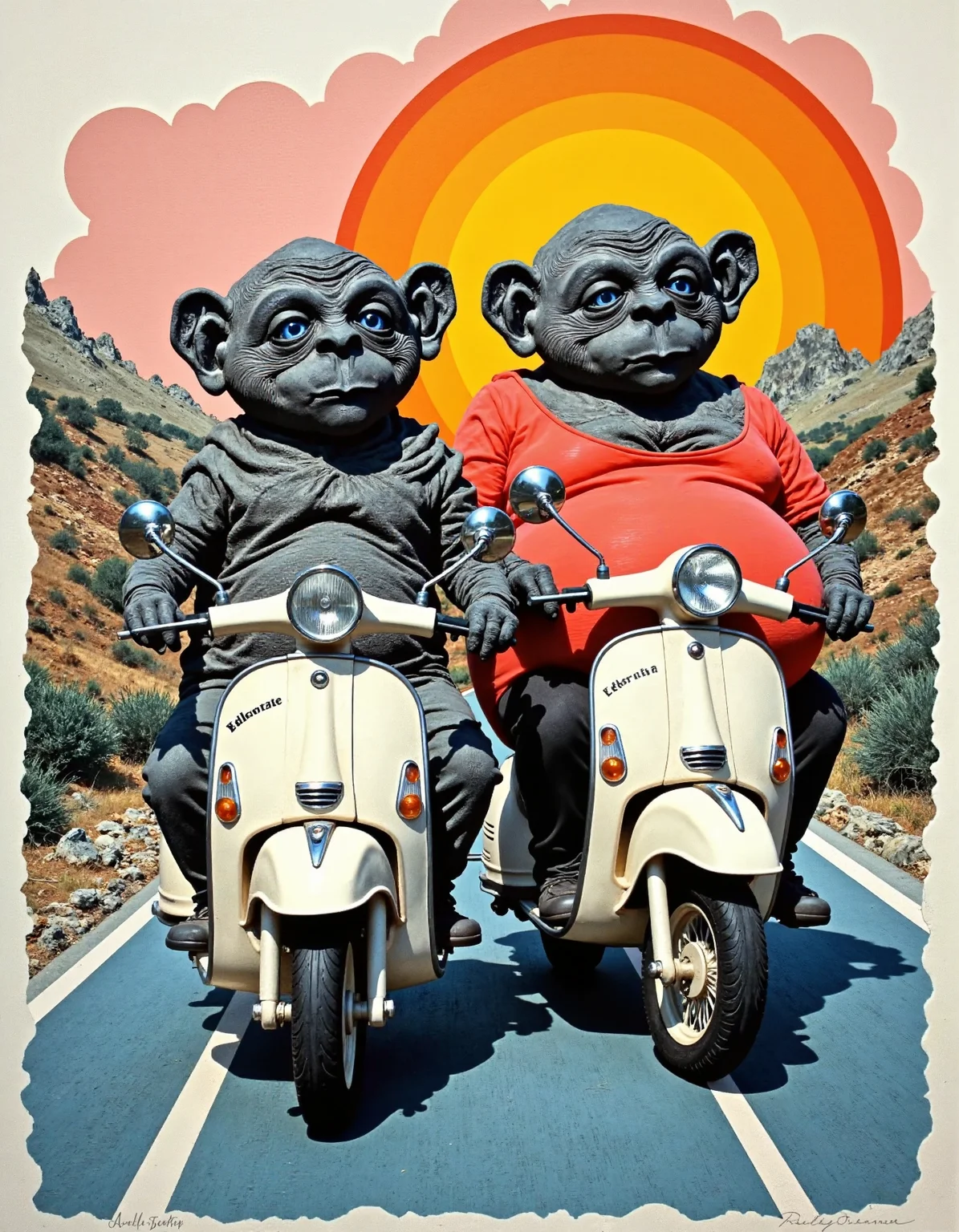 papercut collage of an image where fat Nukie the knockoff alien and a really fat clone are morbidly obese, riding their mopeds up the road. . mixed media, textured paper, overlapping, asymmetrical, abstract, vibrant