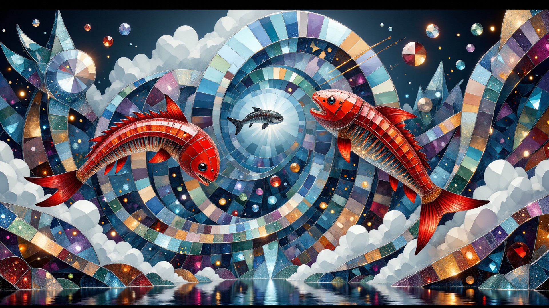 The basic cs-cr1stal scene is red giant skeletal fish leaping from a stormy ocean. The picture combines Magic Realism sophisticated elements with a modern interpretation characterized by elegant lines, a Christmas color palette, and intricate recursive details. The background skilfully blends shapes into a Surrealist backdrop. <lora:midjourney_whisper_chromaplex_v1:0.8> <lora:Crystality Flux_v1:0.8>