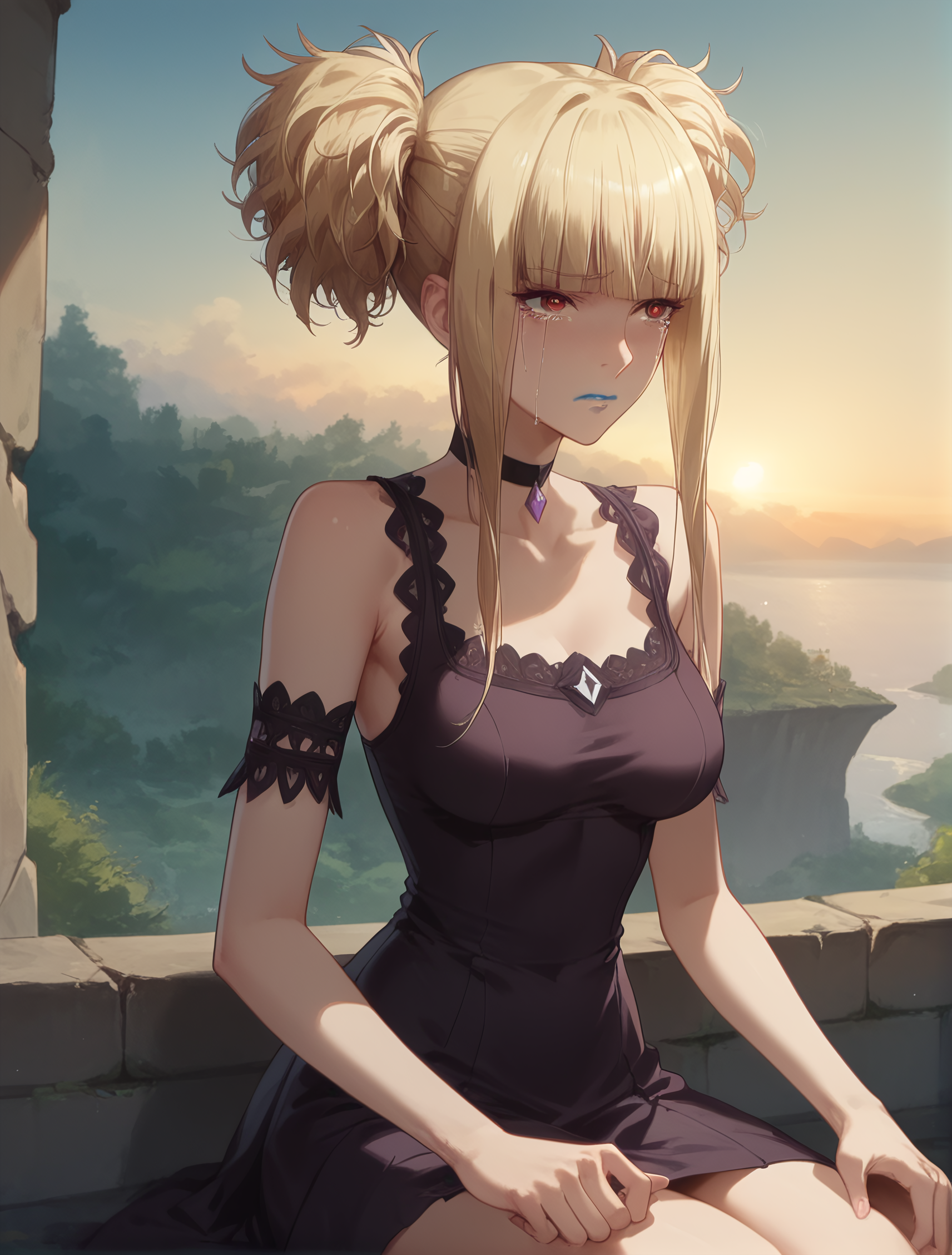 score_9, score_8_up, score_7_up, Expressiveh, ultra detailed, 1 girl,<lora:Kongou:0.8>,kongou_aoki,  blond hair,red eyes,blue lips,small hips, medium breasts, sitting on the edge of a cliff, (tears:1.2) ,crying,sad,  against the backdrop of clouds and sunset, bokeh,  <lora:Expressive_H:0.8>, <lora:Concept Art Twilight Style SDXL_LoRA_Pony Diffusion V6 XL:0.8>,