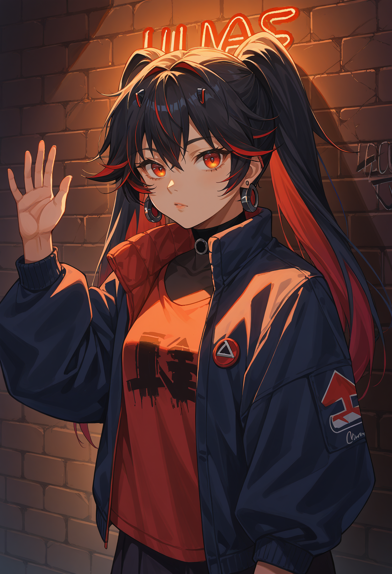 score_9, score_8_up, source_anime, 1girl, solo, LuciaPlume, long hair, twintails, streaked hair, gradient hair, earrings, sharp eyes, choker, neon shirt, open jacket, turtleneck sweater, night, against wall, brick wall, graffiti, dim lighting, alley, looking at viewer, <lora:ChamLuciaPlumePonyXL:1>