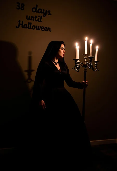 photograph of a ghost woman wearing a victorian gown and holding a candleabra, standing in a dark room, soft shadows, candlelight, shadows on the wall that form text saying "38 days until Halloween"