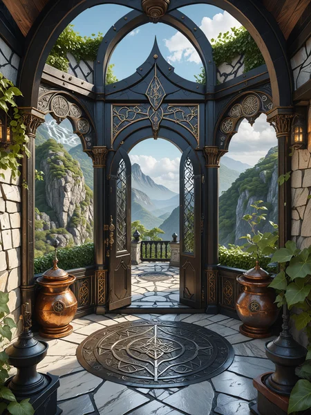 (masterpiece, best quality, ultra-detailed, extremely detailed, intricate details, 8K),(spacious fantasy observatory home) with ancient runes, shingled roof with ivy, Marble walls, tall narrow windows with wrought iron frames, ornate metal door with elven designs, mystical symbols,veranda, enchanted armor,stone pathway, located in an ancient mountain, with weathered paths, historical significance, and an air of mystery, (award winning artwork) Trending on Artstation, many details, extreme detailed, creative, Wide range of colors