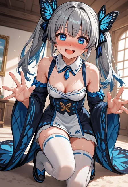 score_4,score_5,score_6,score_7_up,score_8_up,score_9 ((masterpiece,best quality,ultra detailed,highres,HD,4k:1.2)), 
1 cute girl,solo,girl focus,solo focus,face focus,
indoors,
grey hair,twintails, necklace, blue eyes, blue hair ornament,
short dress, detached collar, detached sleeves, wide sleeves, white thighhighs, bare shoulders, black shoes,butterfly ornamented shoes, cleavage,
Embarrassing,full face blush,open mouth,sweat,smile,happy,blush,