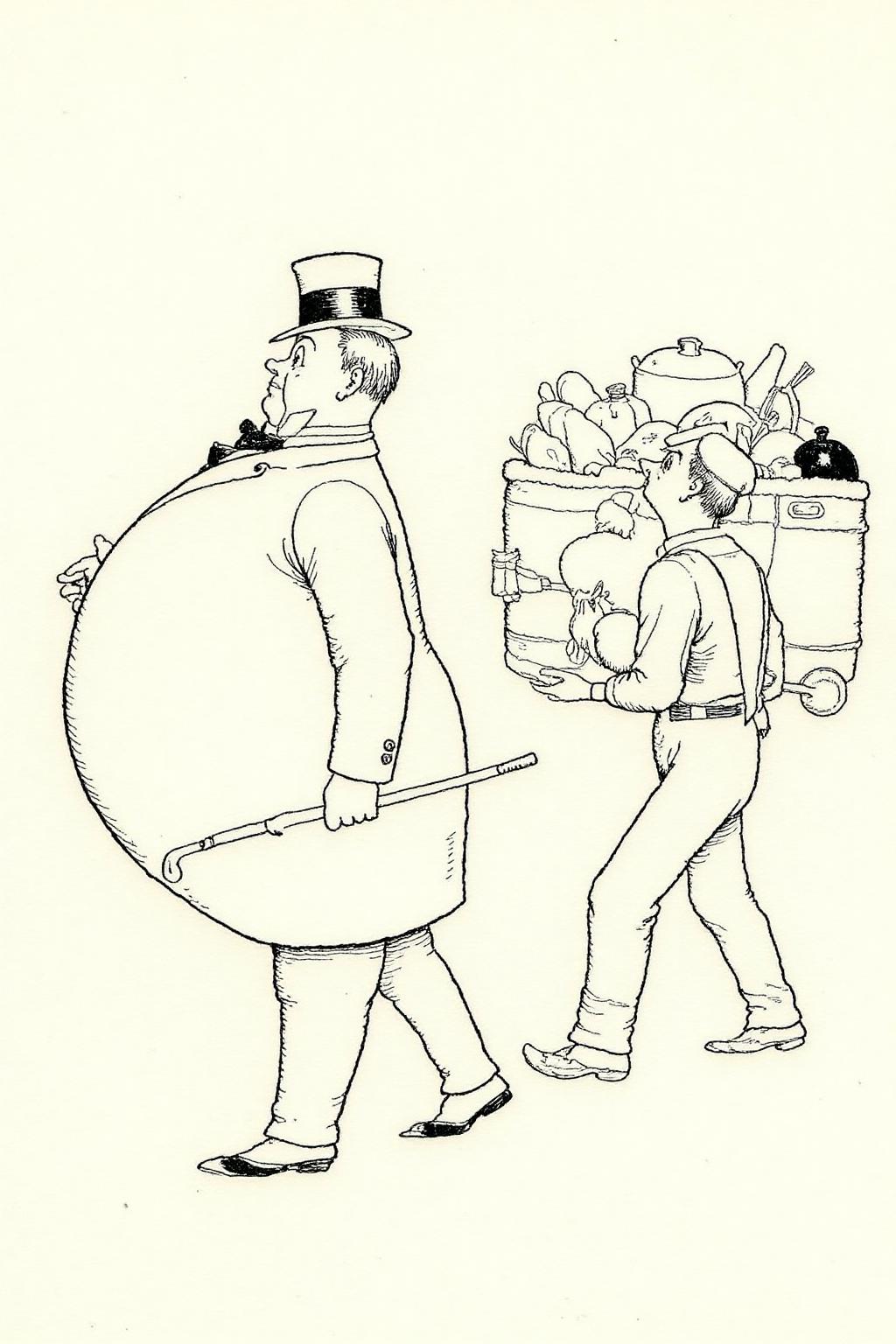 whrob1 illustration. 
On the left, a fat man with a round body and a tall top hat, is shown in side profile, is walking towards the left. He wears a long coat, trousers, and shoes, and carries a walking stick in his right hand. He is followed by a porter, carrying a big basquet filled with food. <lora:whrob1_cap_d6a3e11:1.0><lora:828456976448092763:0>