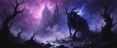 gothic fantasy style, this image shows the "six-eyed sneetchlurker", this wondrous aprexified creature, covered in bioluminescent dunkfizzle and nurbleflarm stands atop a splongboggeling pile of fluitshnorble, silhouetted against the gunderpourded aurora-filled sky of planet "arboles mentirosos", hinting at its otherworldly nature, extremely detailed and intricate background, style of adrianus eversen, <lora:style-desolation-flux-by_andreac75:0.6> <lora:style-adrianus_eversen-flux-by_tangbohu:0.52> <lora:style-fantastic_landscapes-flux-by_artifyai:0.64> <lora:faetastic_details-flux-by_faeia:0.6>