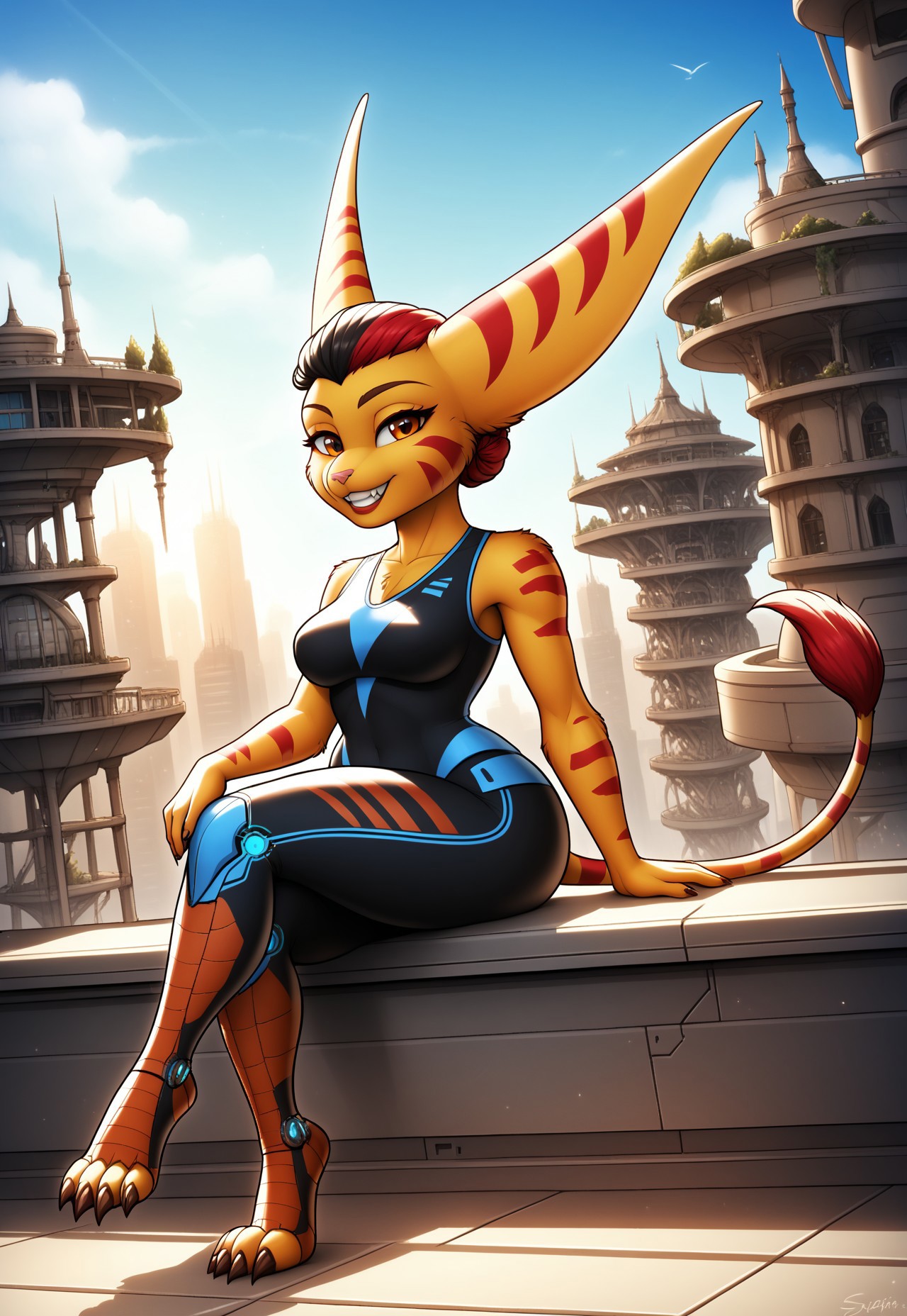 safe_pos, 1gril, solo. alone, , long ears, tail,, 1girl, Chimera female, wide hips, thicc thighs, very sexy (((tiptoes))), long ears,synth , bodypaint, multicolored hair, streaked hair,  trending on ArtStation, cartoon, ,perfect, beautiful, (, science fiction, building, architecture, ultra detailed, detailed, immersive,expression of feelings, imaginative, fur with interesting pattens,, low bun, curvy ass(((extra thicc thighs)))(oc Lombax), long ears, tail, teeth, animal nose, shortstack, sitting, leg splits, spikezilla,)teeth, upper body, cartoon, yoga top short