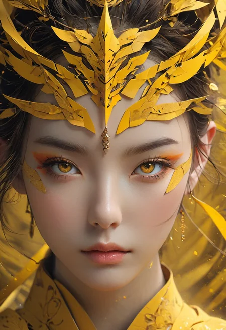 4D render, detaild face, portrait, beautyfull face, girl,blade, one long yellow talisman paper stuck on the forehead