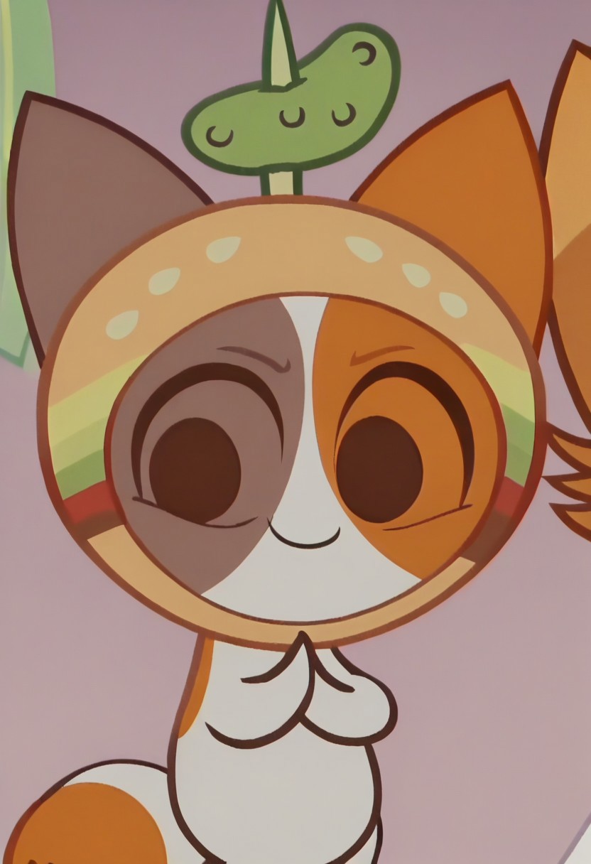 score_9, score_8_up, score_7_up, show accurate, screencap, solo, cheezborger, cat, burger, pickle, chibi, cute, solo, solo focus, dot eyes, pose, smile, solo, solo in panel,
