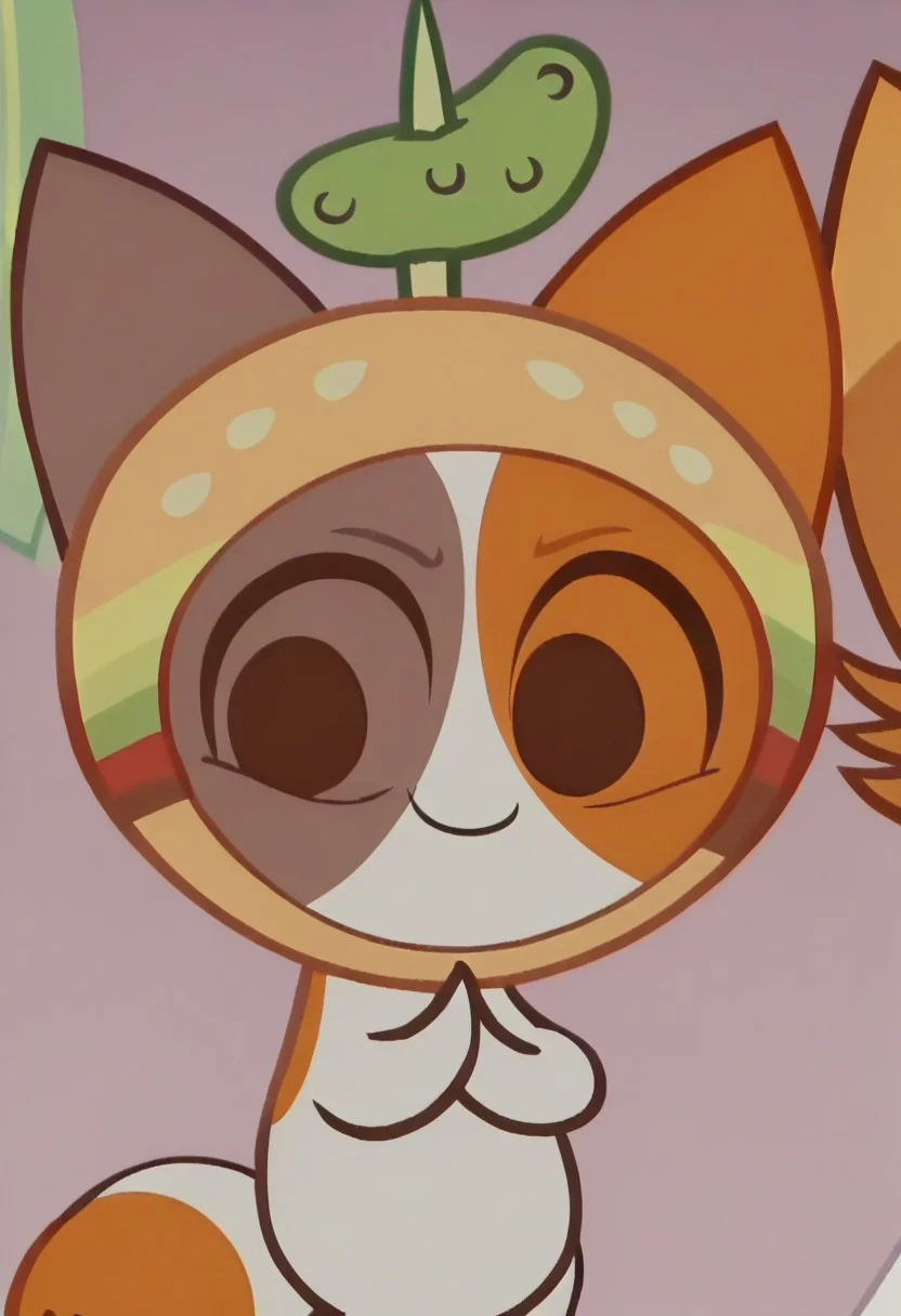 score_9, score_8_up, score_7_up, show accurate, screencap, solo, cheezborger, cat, burger, pickle, chibi, cute, solo, solo focus, dot eyes, pose, smile, solo, solo in panel,