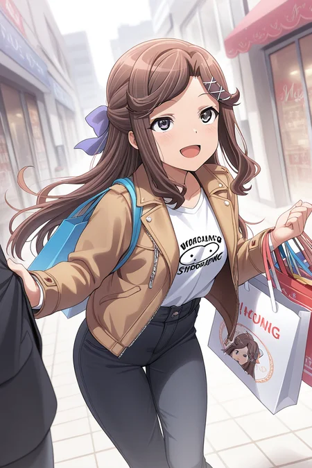 masterpiece, best quality, amazing quality,
 <lora:Maya_IL:1> maya, 1girl, long hair, brown hair, pants, bag, x hair ornament, shopping bag, shirt, hair ornament, bow, open mouth, jacket, smile, white shirt, hair bow