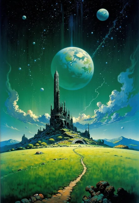 Frank Frazetta sci-fi oil  painting of a panorama view, prehistoric megalithic structure in a vibrant green field, it is midnight and illuminated by a full moon, several other moons and alien planets fill the star filled sky, a classic gothic baroque fantasy art painting with vibrant colors, digital artwork, illustrative, painterly, matte painting, highly detailed, atmospheric haze, panoramic zoomed out view, highly dramatic lighting