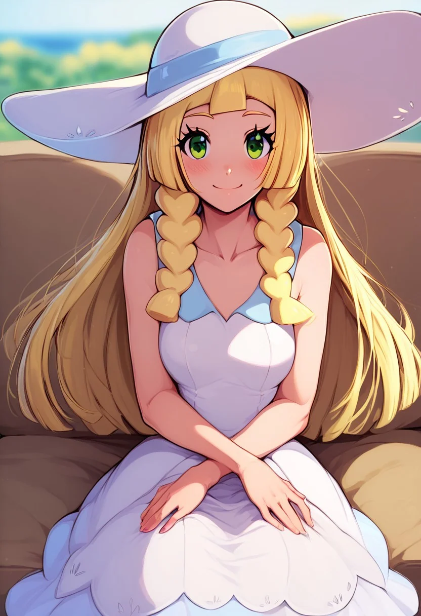 score_9, score_8_up, score_8, medium breasts, (curvy), cute, eyelashes,
,,,
zzlillie, long hair, braid, sun hat, white headwear, collarbone, sleeveless dress, white dress,
,,,
smile, looking at viewer, blush, blurry background, couch, sitting,
,,,
BREAK,
smile, looking at viewer, cowboy shot,
zPDXL, Expressiveh,