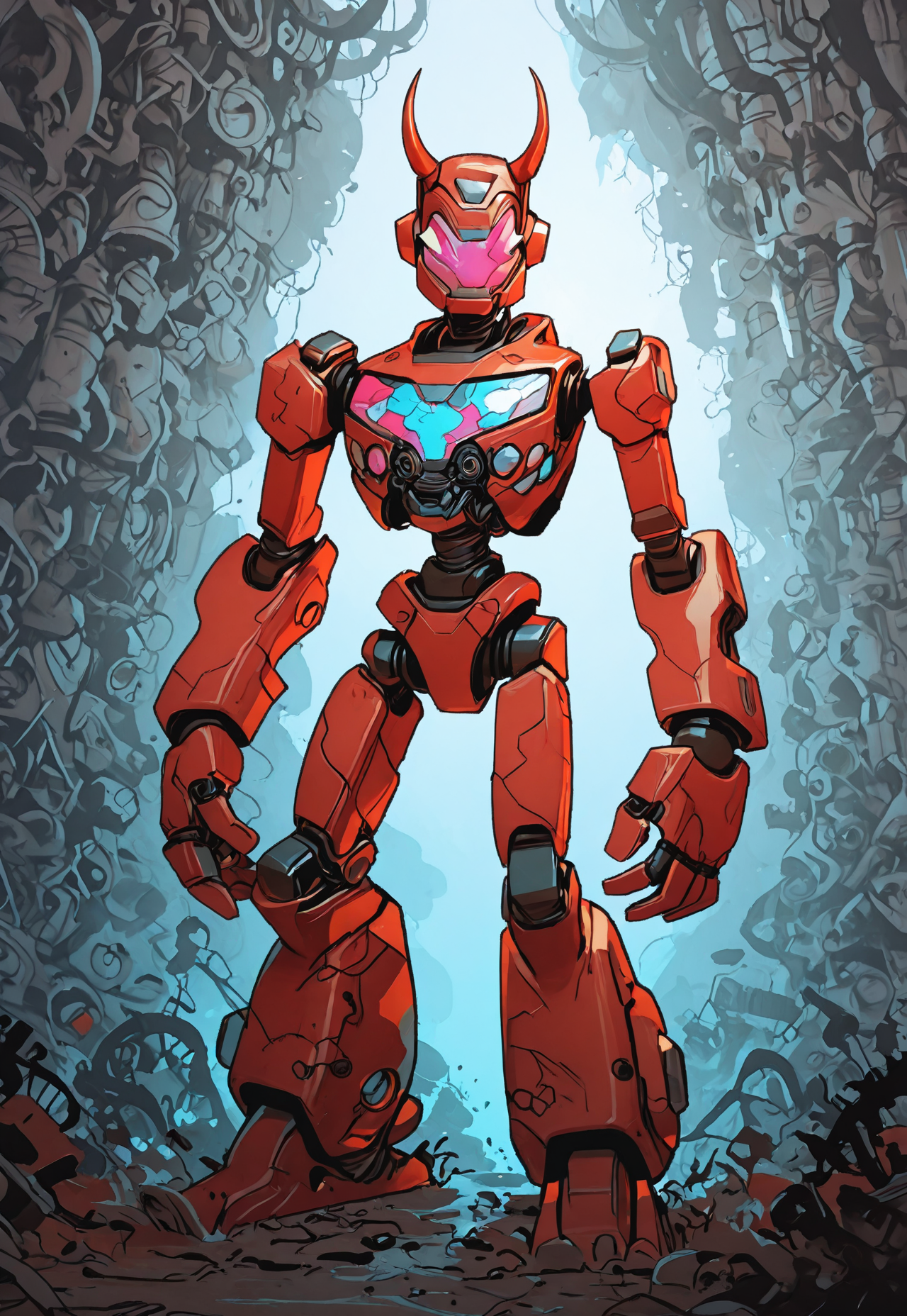 MythAn1m3, INCASE Style,   Title: "Detailed Illustration - Futuristic Armored Figure"  Art Style: A detailed and intricate illustration reminiscent of traditional Japanese art, with a focus on bold lines, sharp contrasts, and a rich color palette dominated by red, white, and black. The style emphasizes complexity, depth, and a sense of power.  Subject & Details: The main subject is a humanoid robot with a complex mechanical design, featuring a helmet with a visor, sharp teeth, and intricate patterns and textures. The robot's body is adorned with various mechanical components, gears, and other mechanical parts, all meticulously arranged to create a sense of depth and complexity.  Visual Elements: The figure's complex mechanical design, helmet with visor, sharp teeth, and intricate patterns and textures contribute to the detailed and powerful appearance of the image. The minimalistic background allows for focus on the robot's detailed design without distraction. The overall color palette is dominated by red, white, and black, emphasizing the intensity and power conveyed in the illustration.  Composition: The composition focuses on the detailed and intricate design of the humanoid robot, with a minimalistic background to allow for focus solely on the figure's complex mechanical elements. Attention to detail in the character's facial expressions, body language, and physical characteristics helps create an immersive experience that tells a story or evokes emotions without relying on text. The overall color palette and bold lines add depth and visual interest to the image while emphasizing the sense of power conveyed.  Additional Details: The detailed illustration of the futuristic armored figure exudes intensity and power, with the traditional Japanese art style contributing to a sense of complexity and depth. The focus on bold lines, sharp contrasts, and a rich color palette draws the viewer in and invites them to explore the intricate details of the humanoid robot's design. solo, red_eyes, horns, teeth, no_humans, sharp_teeth, robot, mecha, science_fiction