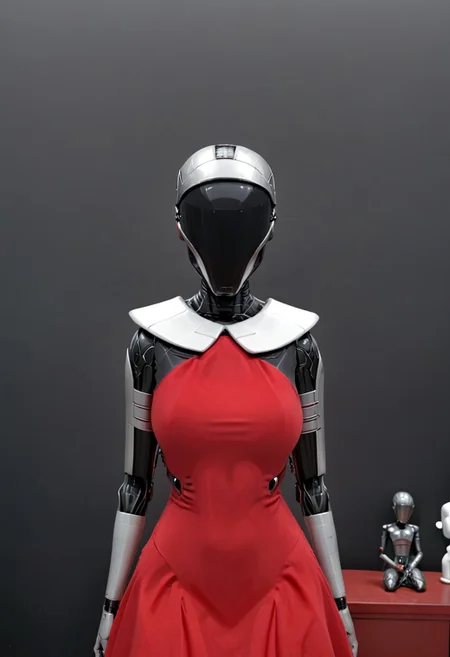 A 35mm photo a woman, she is a humanoid robots , robotic body, vibrant green robotic eyes, freckles, smooth featureless silver grey robotic skin, robotic aerials, metallic dark blue hair, elegant red Christmas satin dress with white fur trim, 
mannequin, faceless, egghead, noface, cyborg, TheFaceLess, Zorii-pxl, Zorii Bliss, faceless