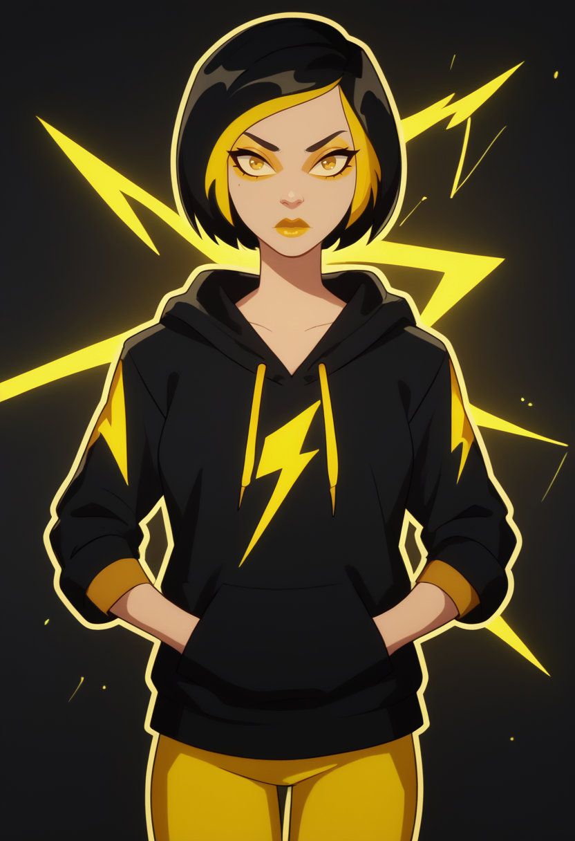 score_9, score_8_up, score_7_up, 1girl, solo, black hoodie, (yellow lightning print), hands in pockets, bob cut, yellow pants, black pants, stripes, front view, half body,
outddors,
<lora:Golden_Glider_Kite_Man_r1:0.8> short hair, black hair, gold hair, multicolored hair, makeup, lipstick,   <lora:f13XLP:1> f13,