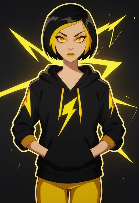 score_9, score_8_up, score_7_up, 1girl, solo, black hoodie, (yellow lightning print), hands in pockets, bob cut, yellow pants, black pants, stripes, front view, half body,
outddors,
<lora:Golden_Glider_Kite_Man_r1:0.8> short hair, black hair, gold hair, multicolored hair, makeup, lipstick, <lora:f13XLP:1> f13,