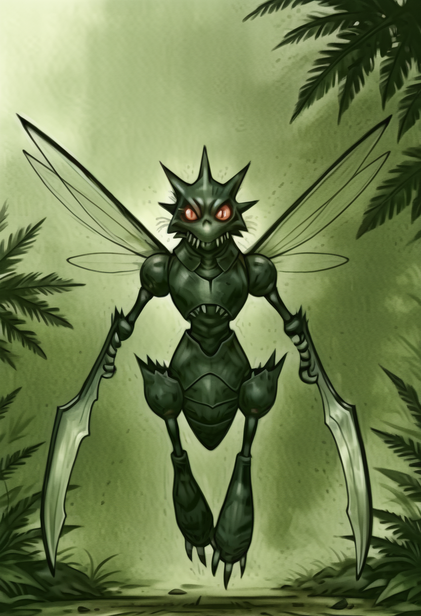 masterpiece, best quality,    <lora:NightmareDex_IXL:1.3>,   <lora:ScytherPokedex_IXL:1.0>, zzScyther, looking at viewer, red eyes, holding, full body, weapon, wings, sword,grey background, blurry, leaf, claws, realistic, insect wings