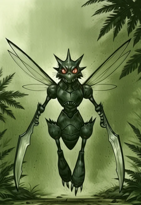 masterpiece, best quality,    <lora:NightmareDex_IXL:1.3>,   <lora:ScytherPokedex_IXL:1.0>, zzScyther, looking at viewer, red eyes, holding, full body, weapon, wings, sword,grey background, blurry, leaf, claws, realistic, insect wings