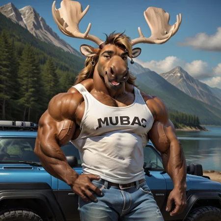 score_9, score_8_up, score_7_up, score_6_up, score_5_up, score_4_up, photorealistic, realistic, masterpiece), furry male, detailed face, detailed eyes, detailed hair, detailed fur, solo,
M1K4_Moose, Mika, Anthropomorphic Moose, Brown Fur, Antlers, Moose, Brown nose, Brown Eyes, Muscular Male, Bara, muscles, male focus, animal focus, Mullet, Blonde Hair, hooves, two-fingers, tank top, earrings, animal ears, animal focus, jeans, full body, big nose
BREAK
Beach Background, Lake Background, Mountain Lake Background, Holding Oar, BlckSd-Style, blacksad, inked lines, hand drawn, watercolor, furry, anthropomorphic animals
<lora:add-detail-xl:1.5>