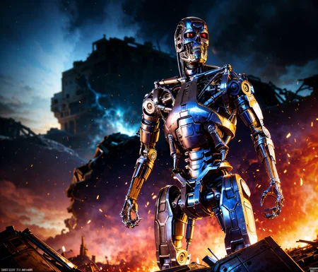 apocalypse buildings in ruins destroyed, explosions in the background, night sky,  full body shot (Realisitc:1.5) man terminator, <lora:EdobTerminator_v1.0:0.8>