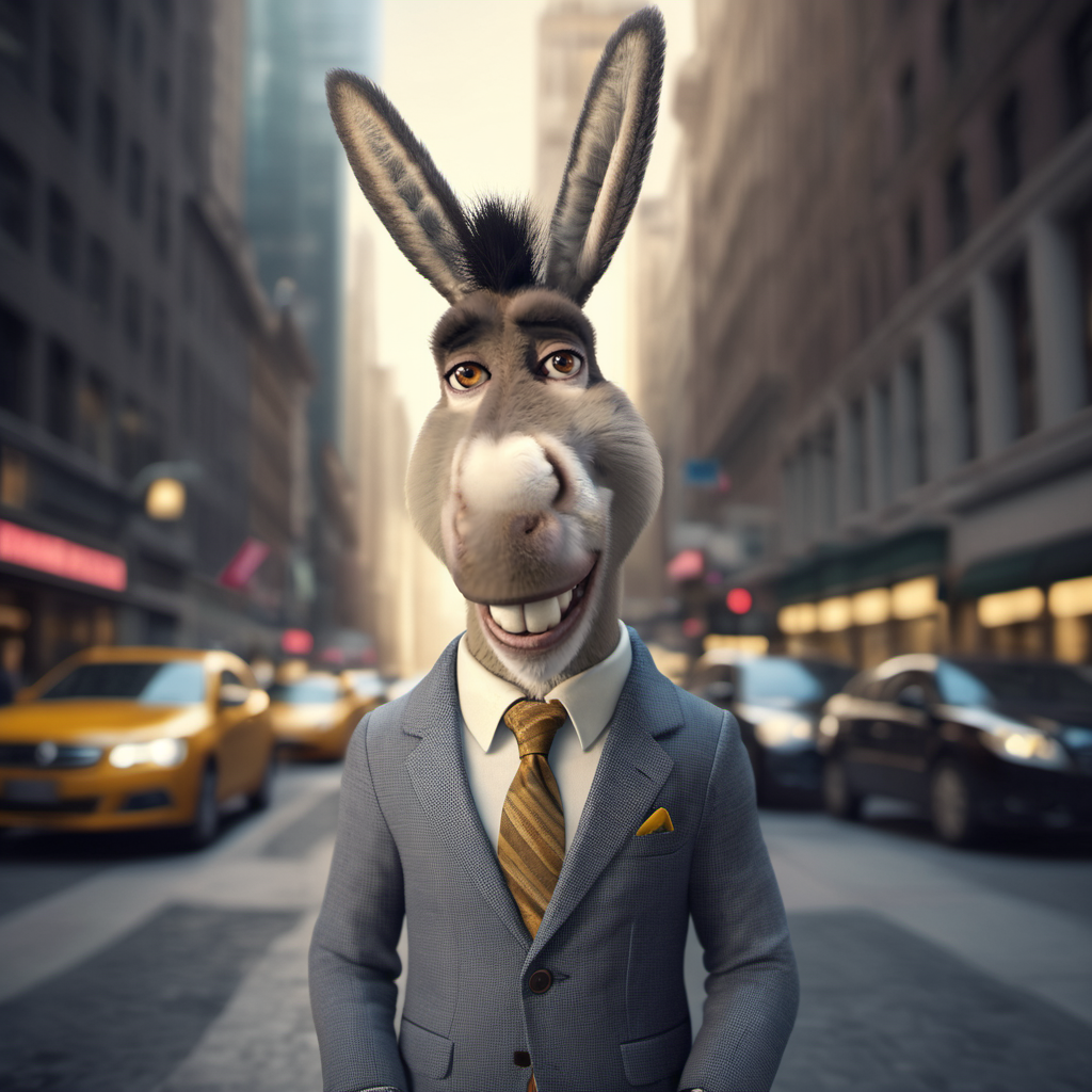 cinematic photo an anthropomorphic donkey wear a stylish suit, use a smartphone,  wallstreet <lora:Donkey1024:0.8> . 35mm photograph, film, bokeh, professional, 4k, highly detailed