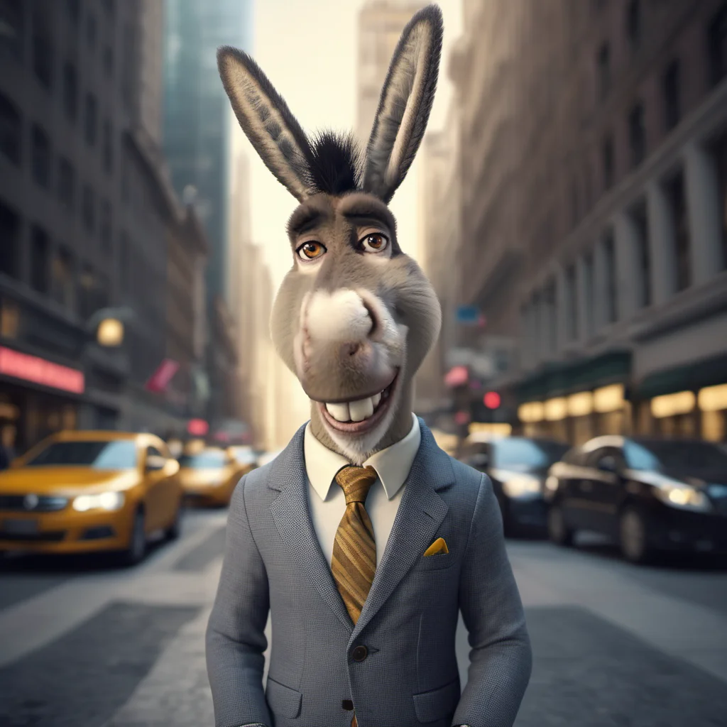 cinematic photo an anthropomorphic donkey wear a stylish suit, use a smartphone, wallstreet <lora:Donkey1024:0.8> . 35mm photograph, film, bokeh, professional, 4k, highly detailed
