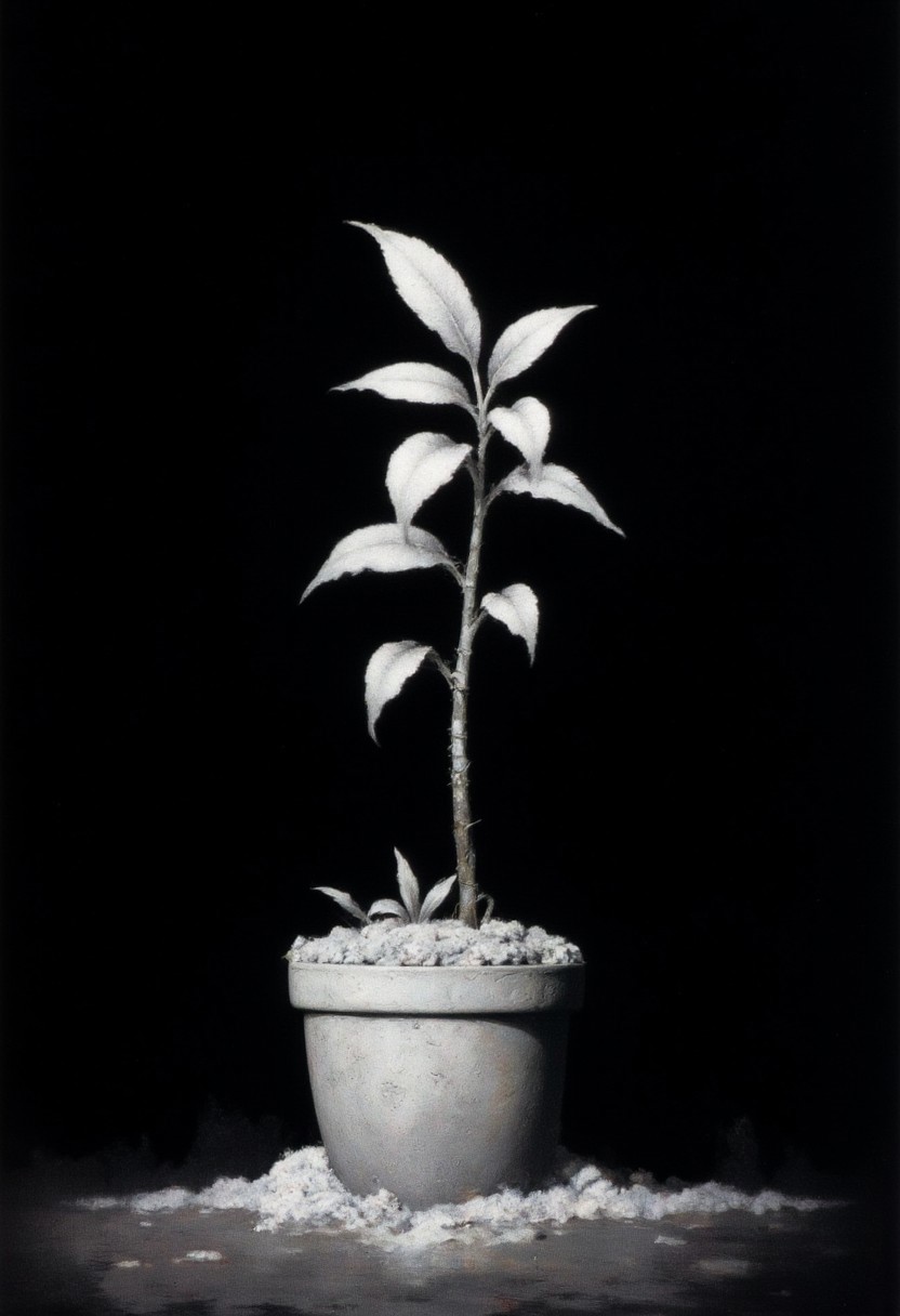 Frank Frazetta fantasy oil painting of an infrared image of a small alien sapling in a tiny pot, the leaves of the sapling are pure white. pure black background, black and white, monochrome