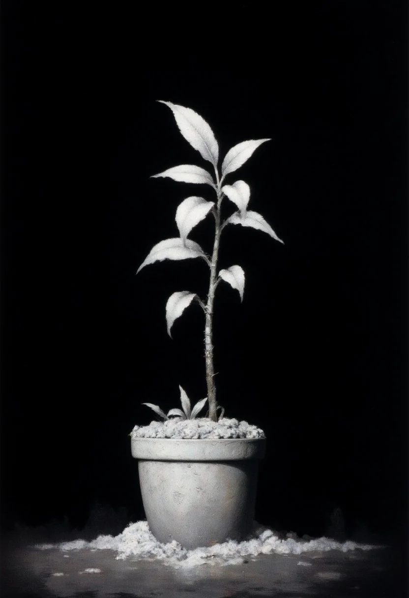 Frank Frazetta fantasy oil painting of an infrared image of a small alien sapling in a tiny pot, the leaves of the sapling are pure white. pure black background, black and white, monochrome