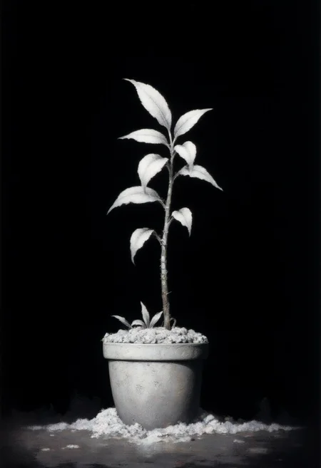 Frank Frazetta fantasy oil painting of an infrared image of a small alien sapling in a tiny pot, the leaves of the sapling are pure white. pure black background, black and white, monochrome