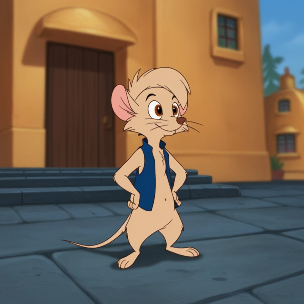 score_9, score_8_up, score_7_up, score_6_up, score_5_up, score_4_up, source_furry, Timmynimh2, semi-anthro, male, mouse, tan fur, brown eyes, short hair, blue vest,standing, hands on hips, solo, 1boy, outside