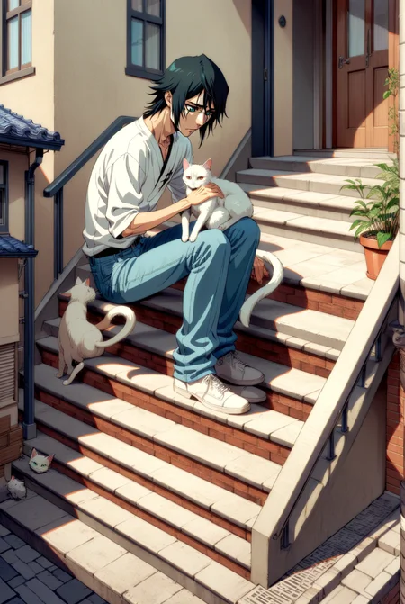 1boy, male focus, ulquiorra cifer, bleach , (90s anime style:1.5), front view, outdoors, street view, (looking down:1.3), perfecteyes, isometric, sitting on stairs, shirt, denim shorts, 1 white cat sitting next to them, petting the cat <lora:detailed_notrigger:1> <lora:ParchartXL_CODA:0.2> <lora:Isometric Cutaway:1> <lora:PerfectEyesXL:1> <lora:ral-drptpl:0.1> <lora:FILM_PHOTOGRAPHY_STYLE:0.6> <lora:Surreal Harmony:0.2>