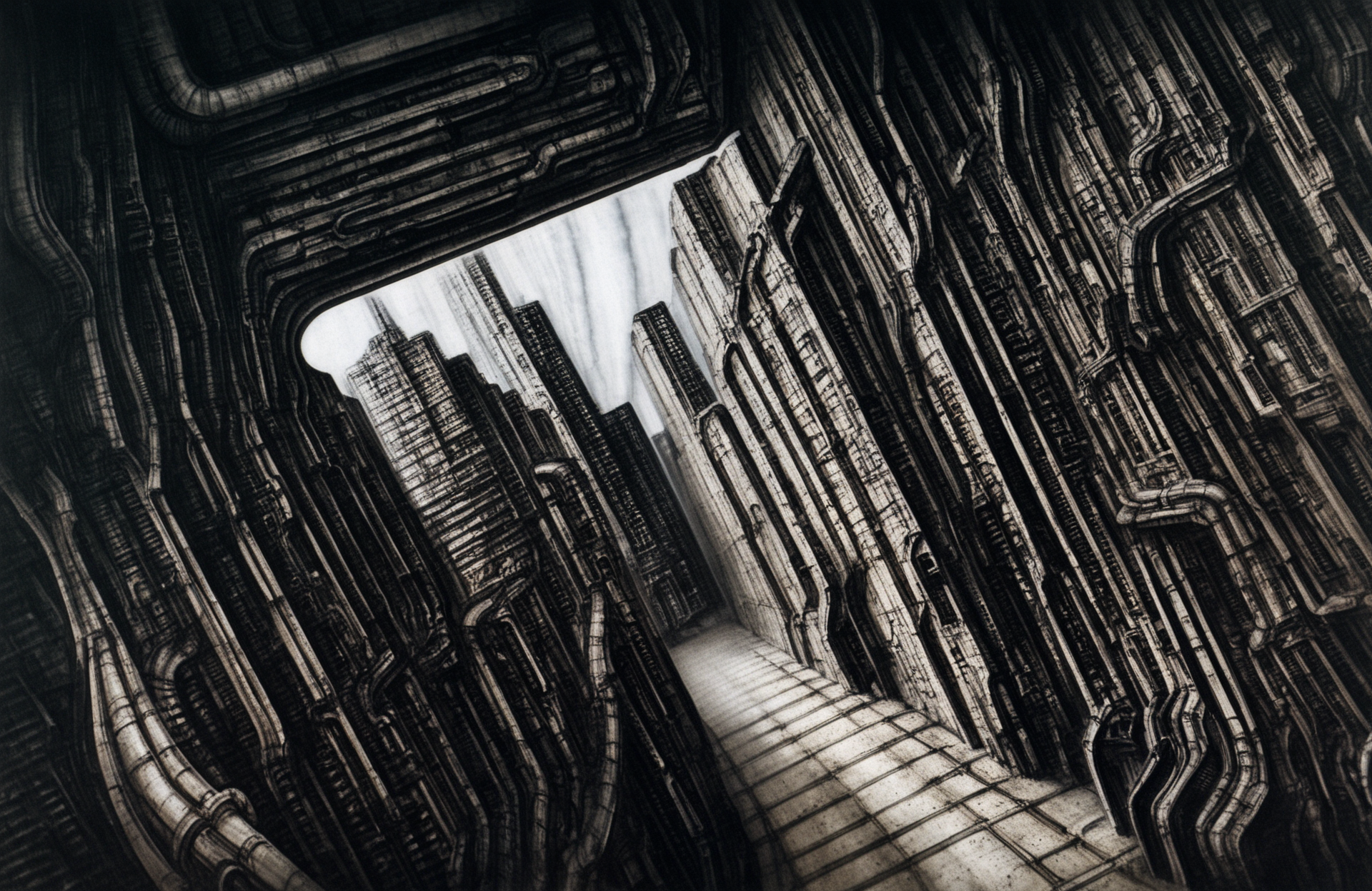 best quality, highres, absurd, (traditional media, 3d, inked:0.6), artist: h.r. giger, biomechanical art style, no humans, scenery, science fiction, building, industrial pipe, cityscape, city, cable, traditional media, window, background, landscape, architecture, realistic, light, ceiling, indoors, calligraphy brush \(medium\), painting \(medium\), dark, colored pencil \(medium\), dutch angle, arch, sunlight, hallway, graphite \(medium\), perspective <lora:HR Giger Illustrious 0.1-step00000630:0.8>