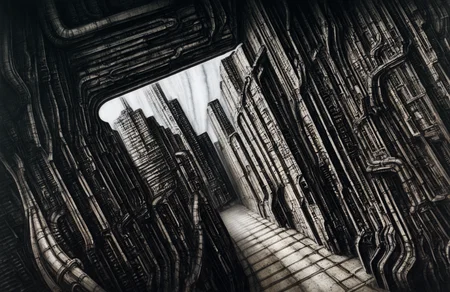 best quality, highres, absurd, (traditional media, 3d, inked:0.6), artist: h.r. giger, biomechanical art style, no humans, scenery, science fiction, building, industrial pipe, cityscape, city, cable, traditional media, window, background, landscape, architecture, realistic, light, ceiling, indoors, calligraphy brush \(medium\), painting \(medium\), dark, colored pencil \(medium\), dutch angle, arch, sunlight, hallway, graphite \(medium\), perspective <lora:HR Giger Illustrious 0.1-step00000630:0.8>