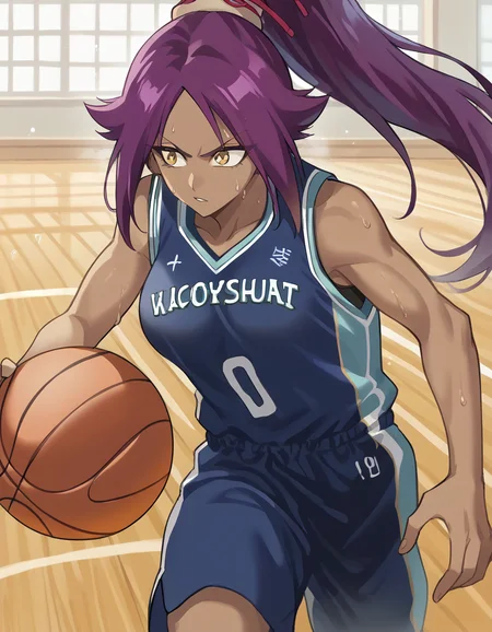 score_9, score_8_up, score_7_up, source_anime, <lora:yoruichi-shihouin-ponyxl-lora-nochekaiser:1> yoruichi shihouin, long hair, yellow eyes, ponytail, purple hair, dark skin, dark-skinned female, medium breasts, <lora:basketball-dribbling-ponyxl-lora-nochekaiser:1> basketball dribbling, dribbling (basketball), basketball, basketball (object), basketball court, playing sports, ball, sweat, steam, running,, <lora:basketball-uniform-ponyxl-lora-nochekaiser:1> basketball uniform, basketball jersery, sportswear, jersey, shorts, sleeveless,, cowboy shot,
