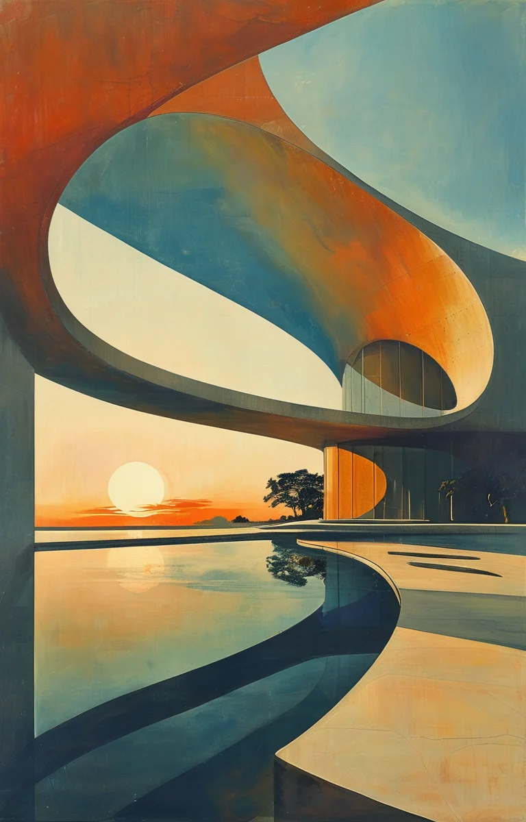 masterpiece,best quality,<lora:tbh313-sdxl:0.75>,illustration,designed by Oscar Niemeyer, Futuristic skyscraper with organic shapes, inspired by Zaha Hadid, gleaming under a sunset sky