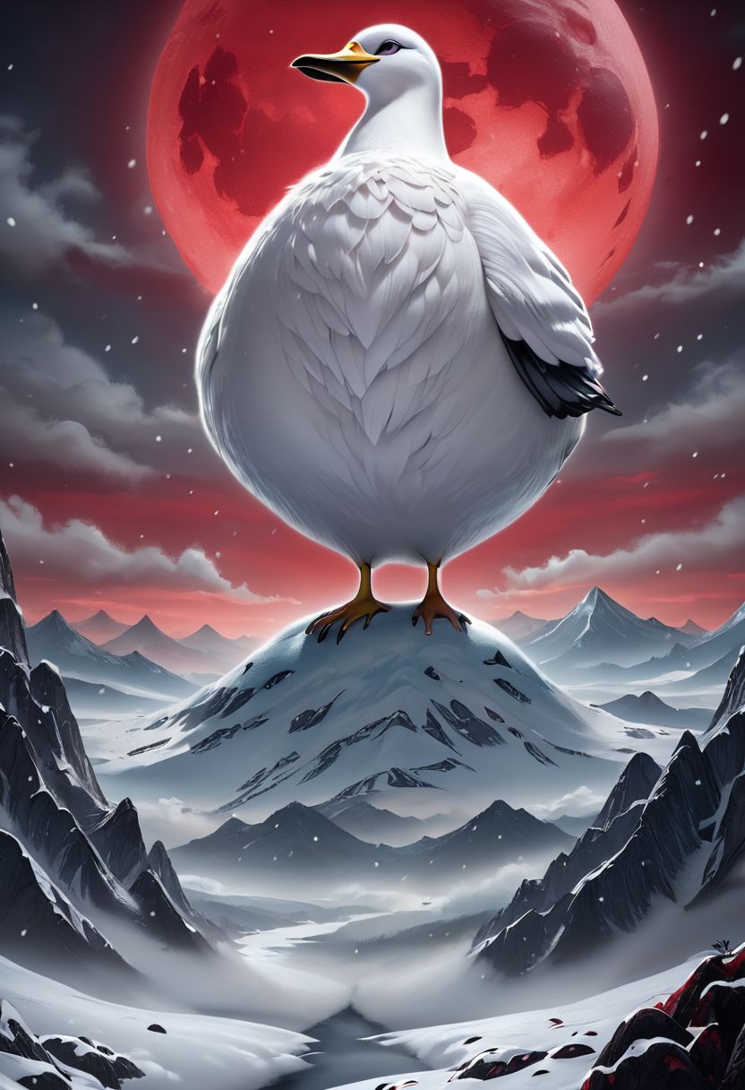 a majestic white goose on top of a mountain, snowstorm in an apocalyptic winter with a red moon in the background and a red sky, vivid colors, vibrant, hyper detailed, masterpiece, (impressionist gouache oil on canvas painting:1.5), hyper detailed, best quality, high resolution, 8k