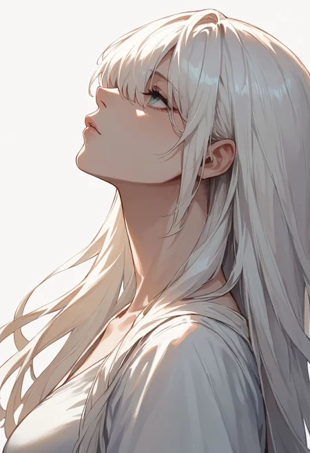 score_9,score_8_up,score_7_up,score_6_up, masterpiece, best quality, white background, black and white, monochrome, hair over eyes, girl, long hair, white hair, from side, looking up,