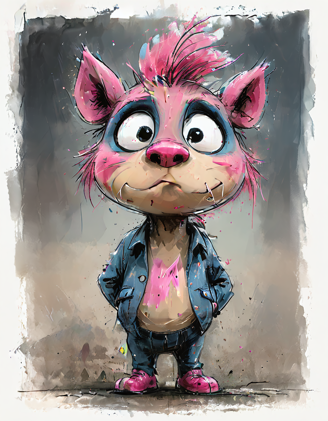 impactful color paint of cute drawing of a punk piggly on a farm,
highly detailed, sharp, professional, clear, high contrast, crystal clear, 4k, uhd, masterpiece