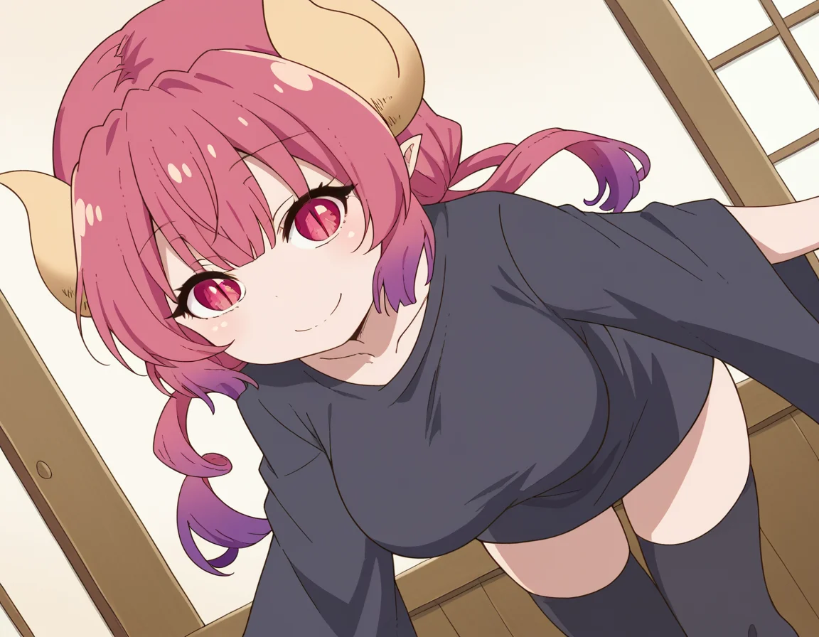 score_9, score_8_up, score_7_up, source_anime,
dragonilulu, <lora:dragon-ilulu-s2-ponyxl-lora-nochekaiser:1>,
ilulu, curled horns, horns, long hair, multicolored hair, purple hair, red eyes, red hair, slit pupils, large breasts,
black shirt, long shirt, black thighhighs, collarbone, shirt, short sleeves, thighhighs, wide sleeves, zettai ryouiki,
indoors, bent over, smile,
looking at viewer, cowboy shot, dutch angle, solo,