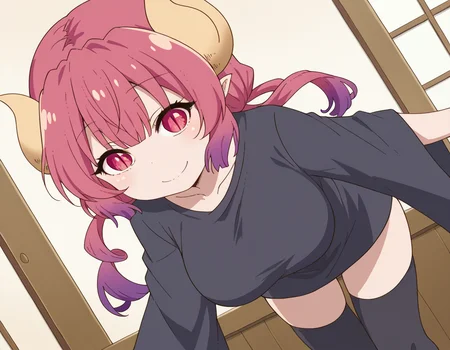 score_9, score_8_up, score_7_up, source_anime,
dragonilulu, <lora:dragon-ilulu-s2-ponyxl-lora-nochekaiser:1>,
ilulu, curled horns, horns, long hair, multicolored hair, purple hair, red eyes, red hair, slit pupils, large breasts,
black shirt, long shirt, black thighhighs, collarbone, shirt, short sleeves, thighhighs, wide sleeves, zettai ryouiki,
indoors, bent over, smile,
looking at viewer, cowboy shot, dutch angle, solo,