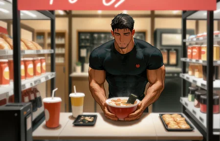 <lora:Random_style_lora_Illustrious:1>, ((rtxon, scenry, depth of field, wide shot, ramen shop)), man, ,, masterpiece,best quality,amazing quality,very aesthetic,high resolution,ultra-detailed,absurdres,
solo, male focus, muscular male, muscular male, bara, mature, (very short hair, beard, bara, mature, facial hair, stubble), facial hair, bara, mature,
aixiwuganda_(20222192), very awa, masterpiece, best quality, absurdres, newest, perfect quality, detailed background, intricate details,
<lora:slider_Body Type_alpha1.0_rank4_noxattn_last:2><lora:style_Anime Summer Days 2 Style SDXL_LoRA_Pony Diffusion V6 XL:.6><lora:slider_cfg_scale_boost:.7><lora:Artist6p:.55> Artist6p, Artist04p,<lora:slider_il_brightness_slider_d1:-1><lora:slider_il_contrast_slider_d1:-1><lora:slider_DarkSlider1.2_alpha1.0_rank16_full_300steps:-.6>
