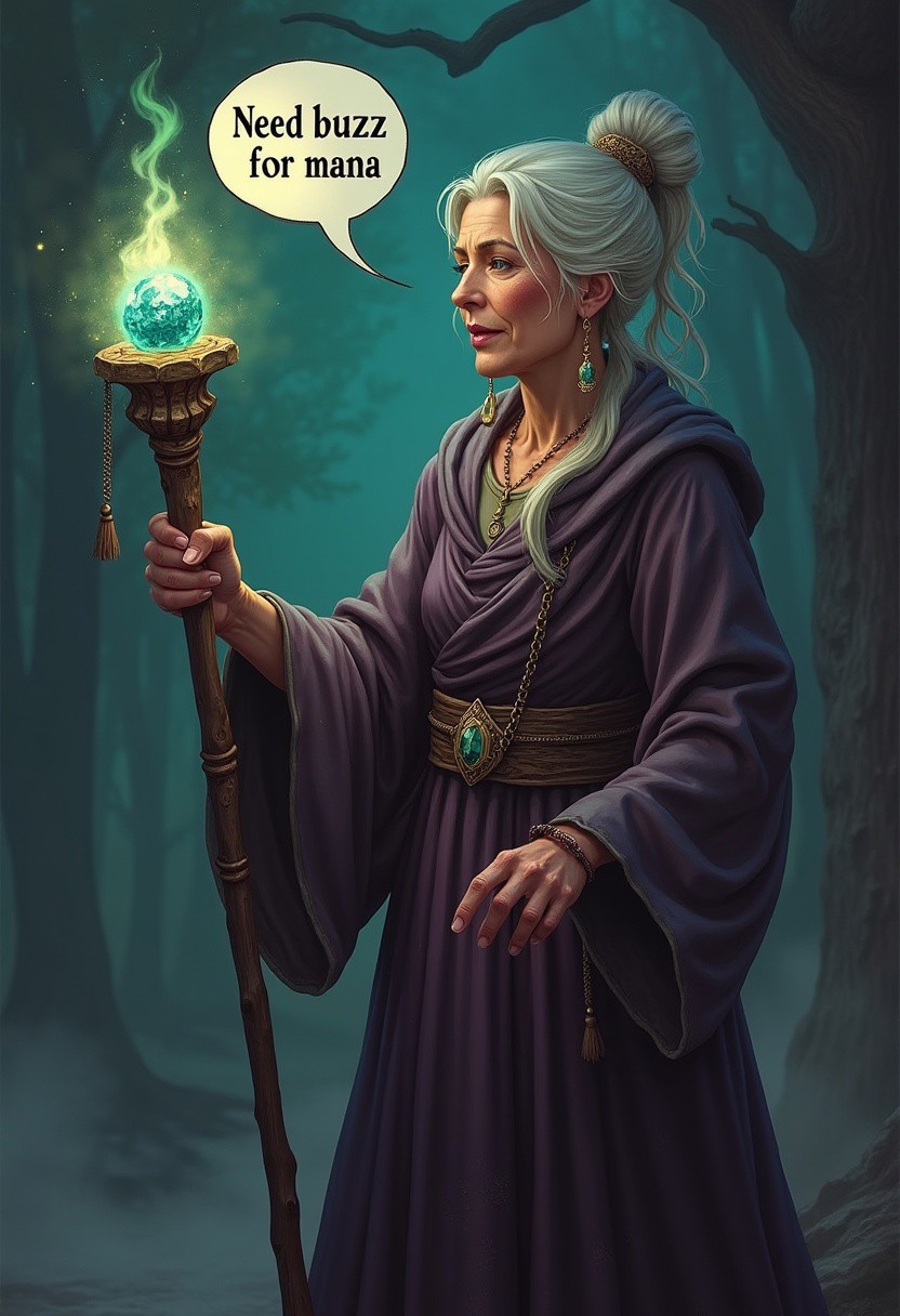 old woman sorcerer hold staff with glowing stone, speech bubble says "need buzz for mana",